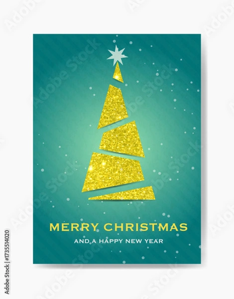 Fototapeta A festive card with a stylized golden sparkly glitter Christmas tree and a star on top on a green background, featuring the text 'Merry Christmas and a Happy New Year.'