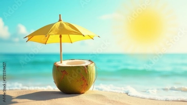 Fototapeta Tropical beach concept made of coconut fruit and sun umbrella. Creative minimal summer idea.