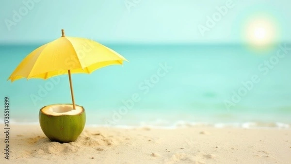 Fototapeta Tropical beach concept made of coconut fruit and sun umbrella. Creative minimal summer idea.