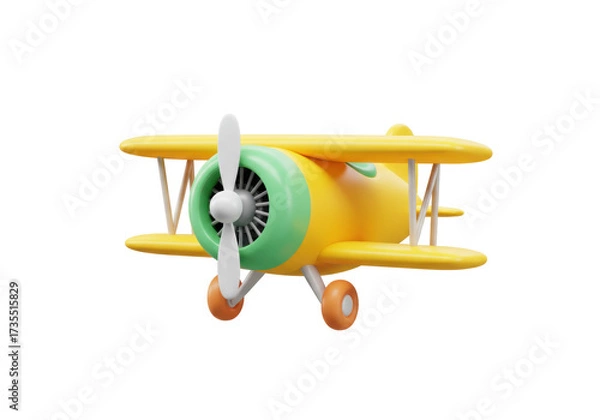 Fototapeta Isolated Yellow Biplane Flying Low with Spinning Propeller a Kids Toy Airplane Model