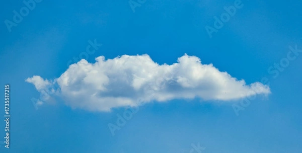 Fototapeta A fluffy cloud like a whipped pillow of delicious cream. Horizontal composition of a long, wide island of steam. Beautiful blue sky cloud for background.