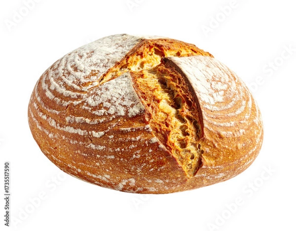 Obraz A crusty, round loaf of freshly baked bread with a scored top and flour dusting