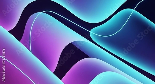 Fototapeta An abstract landscape of undulating neon shapes in shades of blue and purple, creating a futuristic and dreamlike atmosphere with a sense of depth and movement, evoking serenity