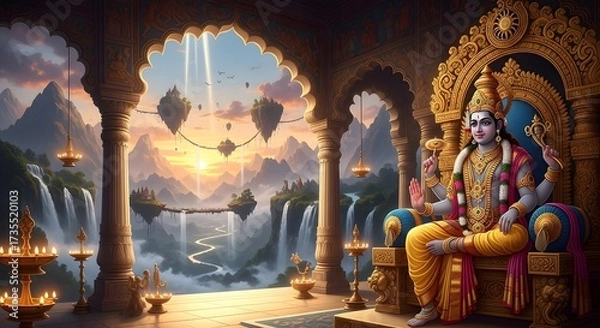 Fototapeta Mythical Deity Sitting on Ornate Throne in Elegant Temple with Mountain and Waterfall Scene