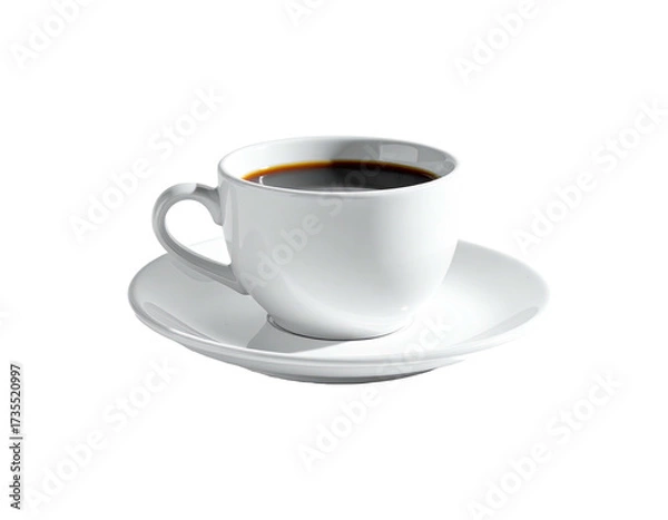 Obraz White ceramic cup filled with dark liquid, rests on matching saucer, black bg