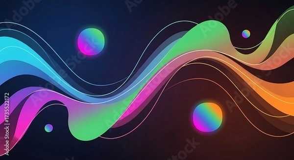 Fototapeta A vibrant abstract background featuring a dynamic wave of rainbow colors, with glowing spheres adding depth and a sense of movement, creating a visually stunning and modern design element