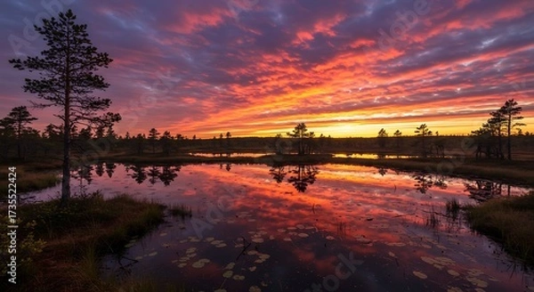 Fototapeta Vibrant sunset over calm water with reflections and silhouettes of trees