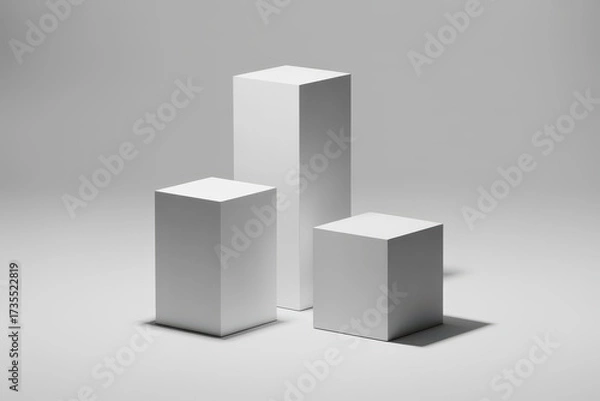 Fototapeta White geometric pedestals for showcasing products on a studio background. Minimalist 3D render of three display stands with realistic shadows