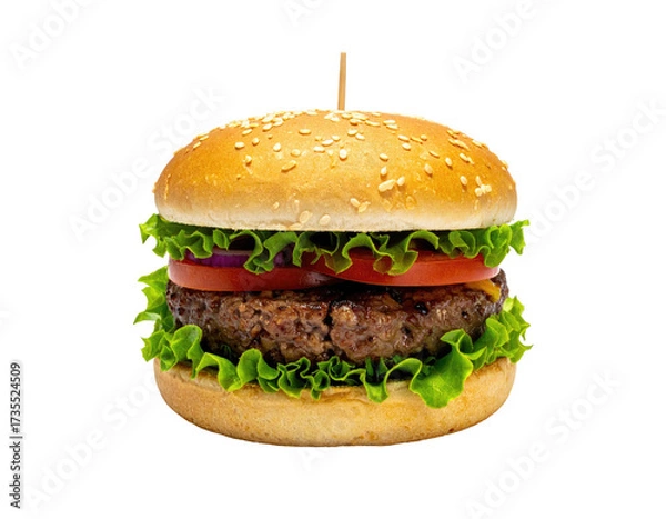 Obraz Delicious burger on a black background with a toothpick holding it together