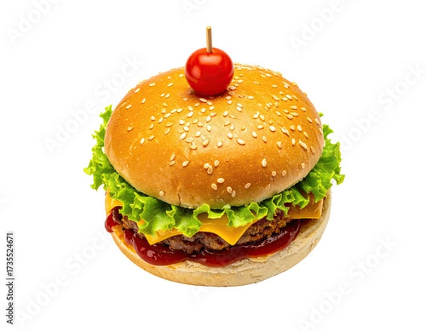 Obraz Delicious burger with sesame seed bun, tomato, lettuce, cheese, and ketchup, ready to eat