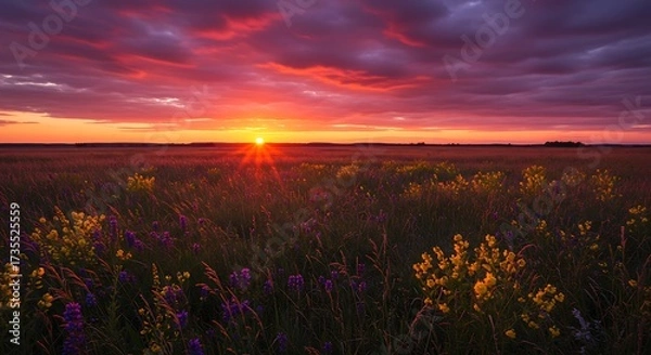 Fototapeta Vibrant sunset over field landscape with colorful sky and wildflowers
