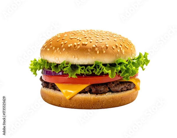 Obraz A delicious, fully-loaded burger with sesame seed bun, isolated on black