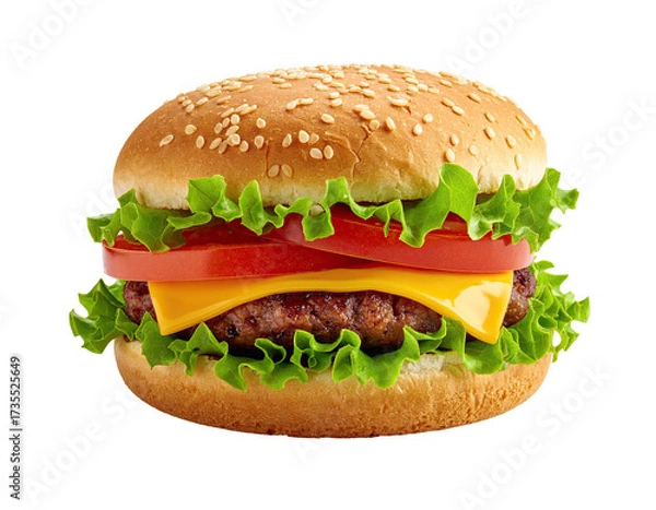 Obraz Delicious hamburger with sesame bun, lettuce, tomato, cheese, and a cooked patty