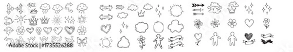 Fototapeta ine icon cute element set. Doodle line color icon decorative arrow, cloud, crown, sparkle and flower. Hand drawn heart, sketchy figure, funny outline and cartoon ribbon for kids-03.eps, Line icon cute