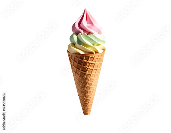 Obraz A colorful soft-serve ice cream cone with multiple swirls, against a dark backdrop