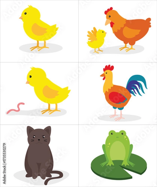 Obraz Animals icons set. Chicken, rooster, cock, hen, frog. Isolated vector illustration.