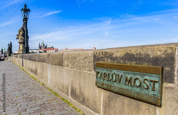 Fototapeta Copper sign with the name of the Charles bridge (Karluv Most) in Prague, Czechia