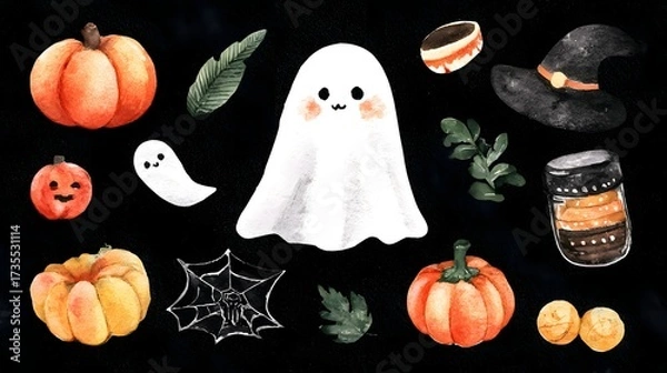 Fototapeta Hand-drawn watercolor illustration of Halloween elements. Halloween card with a picture of a ghost, pumpkins and paint