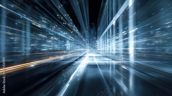 Fototapeta Bright neon lights and sleek buildings create a sense of motion in a city at night. The light trails reflect the vibrant energy of urban life conveying excitement and speed.