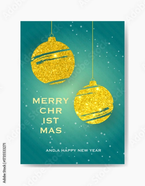 Fototapeta A green card with 'Merry Christmas' in bold golden letters and 'And a Happy New Year' below it, featuring sparkly shining holiday decorations. Festive greeting card.