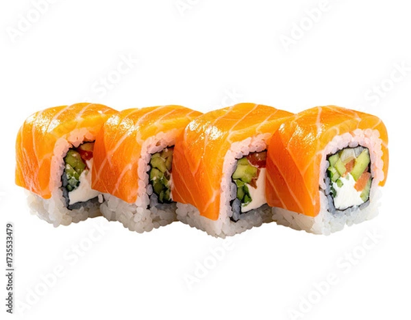 Obraz Close-up of a row of sushi rolls with salmon, rice, cucumber, and cream cheese