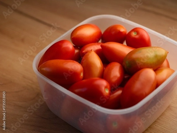 Fototapeta Plastic container full of red tomatoes on a wooden background