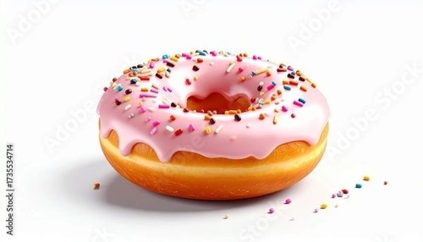 Fototapeta "Classic Ring Donut with White Icing and Colorful Sprinkles on White Background – Sweet Bakery Dessert for Snack Food Photography, Pastry Branding, and Confectionery Product Display"