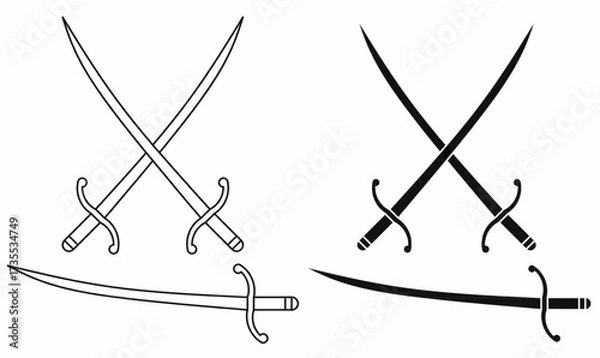 Fototapeta vector illustration of crossed dusack or dussack swords, medieval weapon icon set, fencing blade silhouette and outline for history, combat, or logo design.
