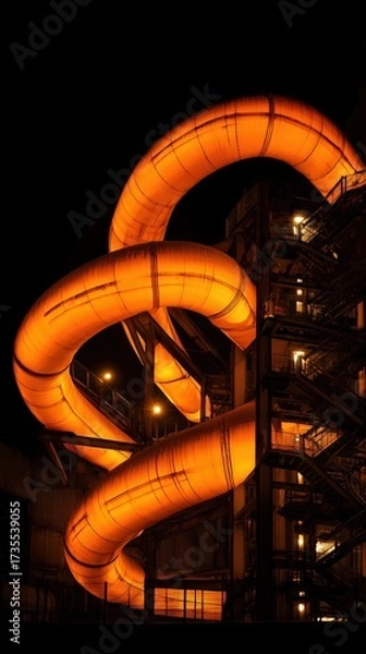 Fototapeta Long illuminated outdoor water slide with multiple twists and turns at night in an amusement park attraction
