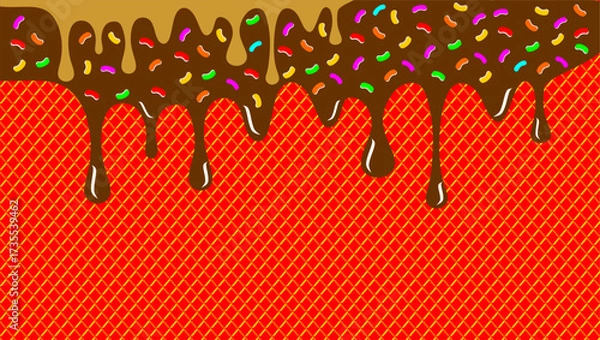 Fototapeta Wavy chocolate pattern. Chocolate wavy drip illustration. Brown chocolate drip illustration. Melted chocolate with colorful sprinkle pattern. Liquid ice cream on waffle pattern background.