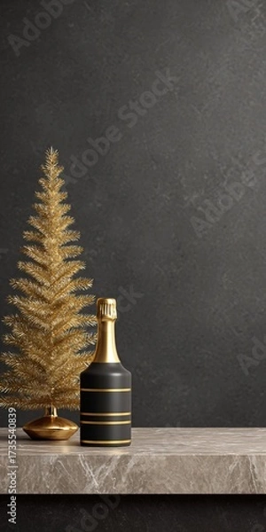 Fototapeta Celebratory champagne with slender golden christmas tree elegant table setting minimalist design cozy atmosphere