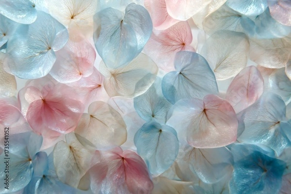 Fototapeta Scattered pastel petals action floral background nature soft ambient top-down view serene aesthetic