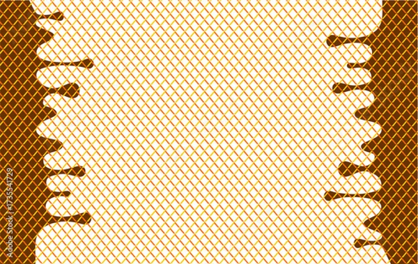 Fototapeta Wavy chocolate illustration. Chocolate wavy drip illustration. Brown chocolate drip illustration. Melted brown chocolate illustration. Liquid ice cream on waffle pattern background. 