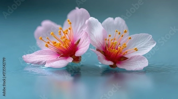 Fototapeta Close-up of delicate pink cherry blossoms floating on calm water surface with soft blue background and gentle reflections