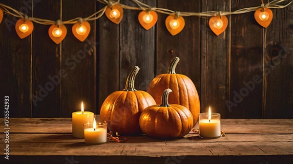 Obraz Pumpkins on a Rustic Table with Candles and String Lights - thanksgiving