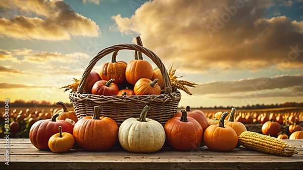 Obraz Pumpkin Basket, Corn on the harvest table with trees and sky background - Thanksgiving.