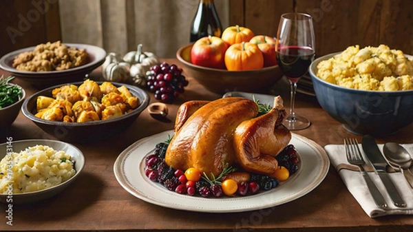 Obraz Thanksgiving table with turkey and sides.
