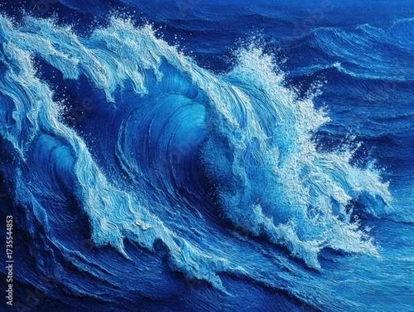 Fototapeta Vibrant blue ocean waves crashing with detailed white foam in a dynamic seascape painting, showcasing energetic aquatic movement and marine nature