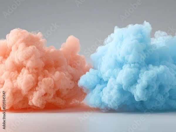 Fototapeta Two fluffy clouds in pastel colors, one peach and one light blue, floating against a plain gray background with soft lighting