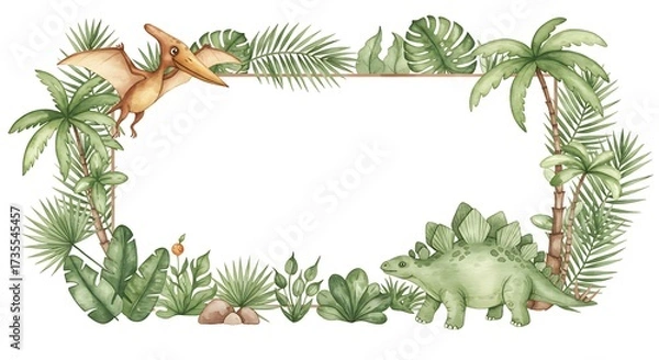 Obraz Watercolor illustration of dinosaurs and tropical plants with copy space