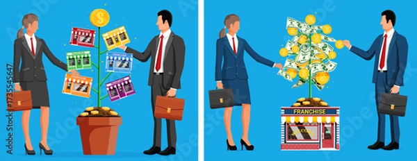 Obraz Woman and man choosing franchise business type plan. Businessmen picking up franchise shop from money tree. Buying and investing in franchise concept.