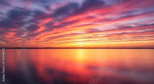Obraz Vibrant sunset sky reflecting on calm water surface panoramic landscape