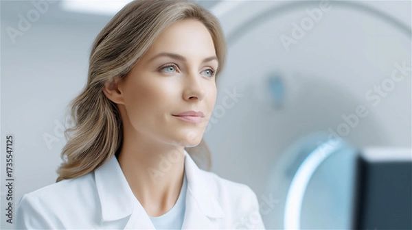 Fototapeta Focused female radiologist looks at modern scanner during medical imaging procedure, concept of diagnostics, innovation, professional healthcare and advanced technology.