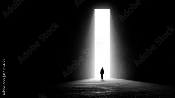 Fototapeta A solitary figure is positioned in a dark space gazing toward a huge doorway filled with bright light. This scene symbolizes hope and new beginnings in a minimalist setting.