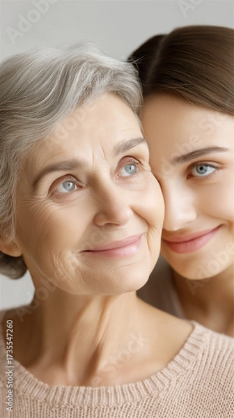 Fototapeta Happy elderly woman with supportive young relative embracing her, symbolizing family care, love, support and intergenerational connection in healthy lifestyle and positive aging context.