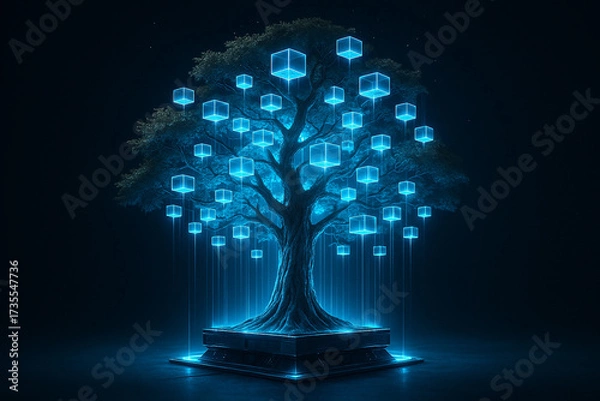 Fototapeta AI generated digital glowing tree blends nature and technology with blue light blocks and data flow atmosphere symbolizing innovation future network and sustainable growth in a sci fi style