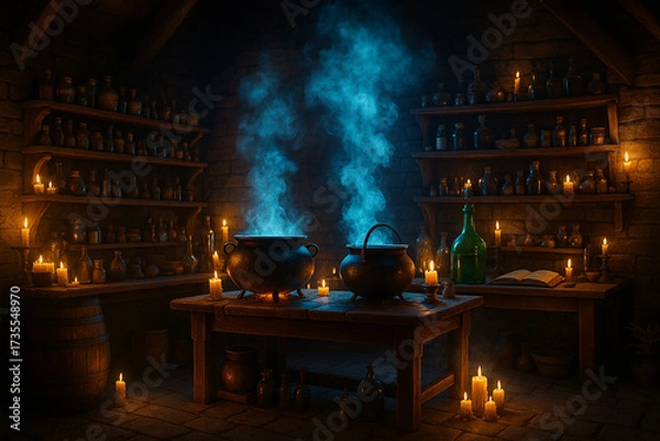 Fototapeta AI generated fantasy potion lab scene with glowing blue mist candles herbs and old wooden interior creating a mysterious magical and medieval atmosphere for storytelling and creative projects