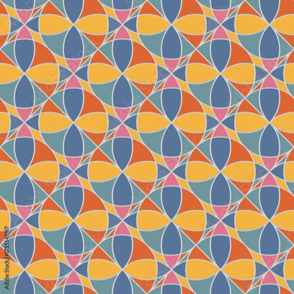 Fototapeta Vibrant retro geometric seamless pattern with colorful overlapping circular shapes, floral-inspired abstract design, perfect for modern home decor, textile prints, wallpapers, and creative digital bac