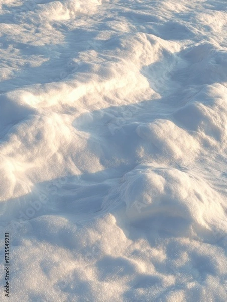 Fototapeta Close-up view of snow-covered landscape showing textured ice formations and soft shadows on pristine winter surface under natural sunlight