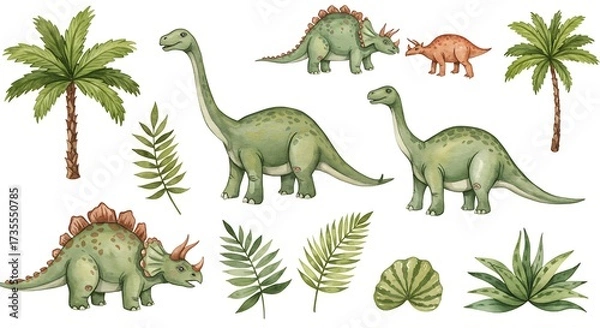 Obraz Watercolor illustration of various dinosaurs and palm trees for design